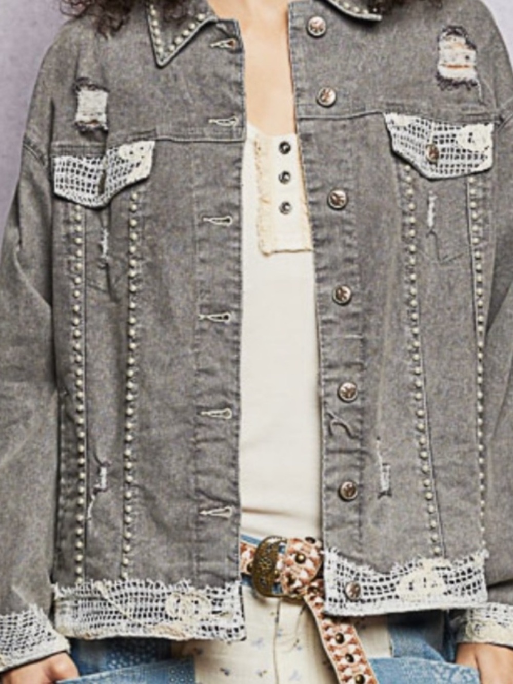 💕POL Distressed Gray Women's Denim Jacket with Pearl Accent - Picture 7 of 10